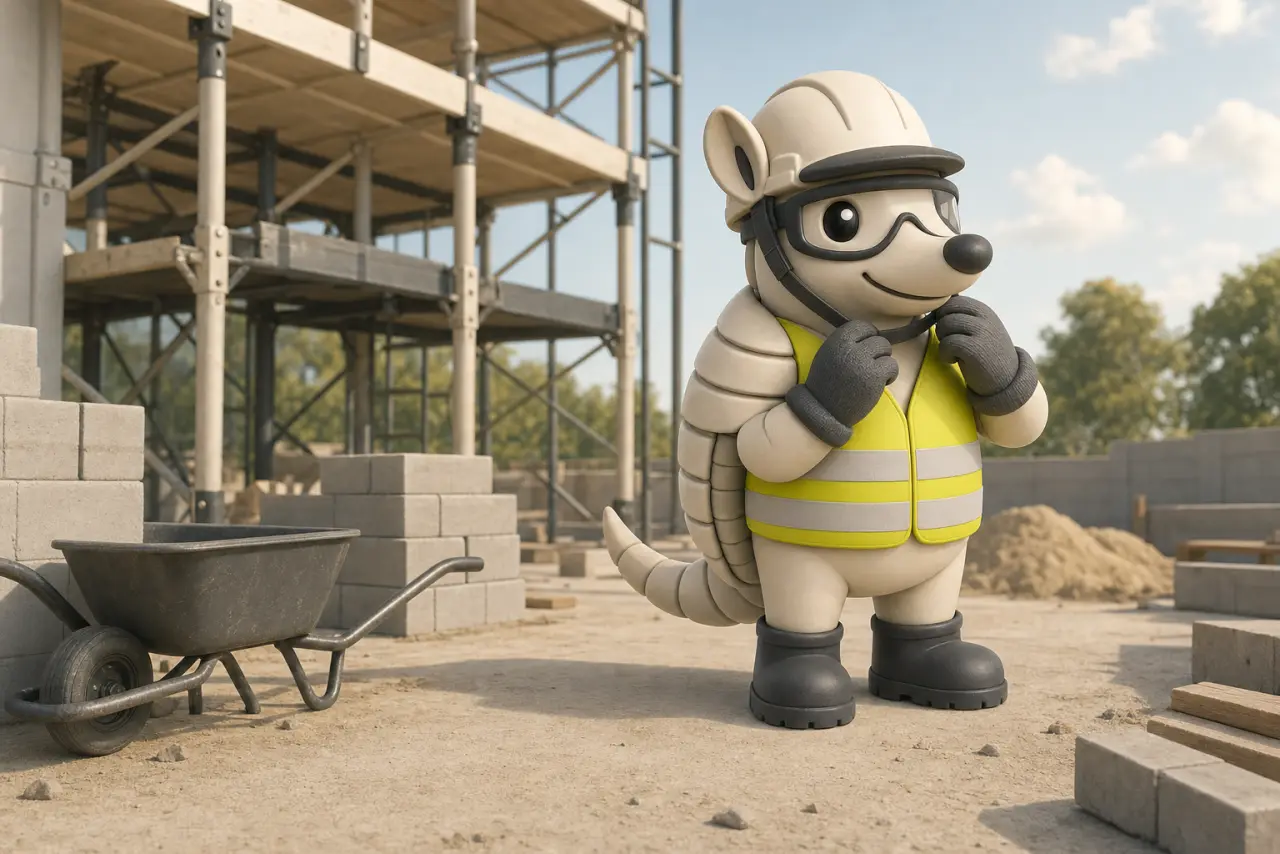 Armand ajuste son casque de chantier devant un échafaudage
